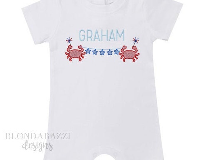 Unisex Baby Romper for 4th of july - short sleeve shorts onesie with red white blue embroidery of crabs star banner sparklers and name