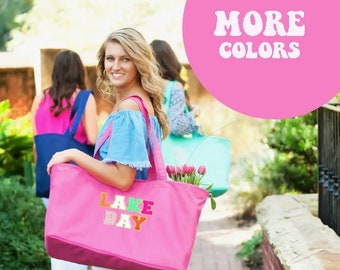 Lake Day Ultimate Tote Bag with 6 inner pockets and zipper bright colors and chenille letters