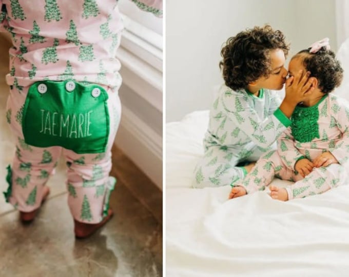 Matching Brother and Sister Christmas Pajamas with Personalized Name on Buttflap - Blue or Pink Pjs with Christmas Trees for girls and boys