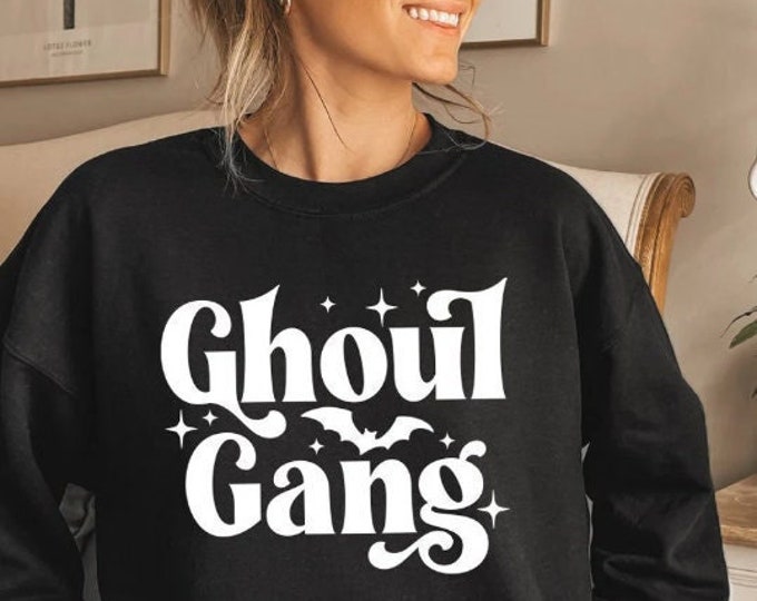 Womens Ghoul Gang Sweatshirt - Cute Ladies Halloween Sweater in black white and gray with hippie retro font and bats graphics