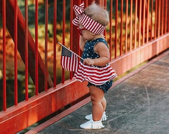 Baby Girl Fourth Of July Outfit tank top bloomers shorts matching headband with personalized embroidered name or monogram - stars & stripes