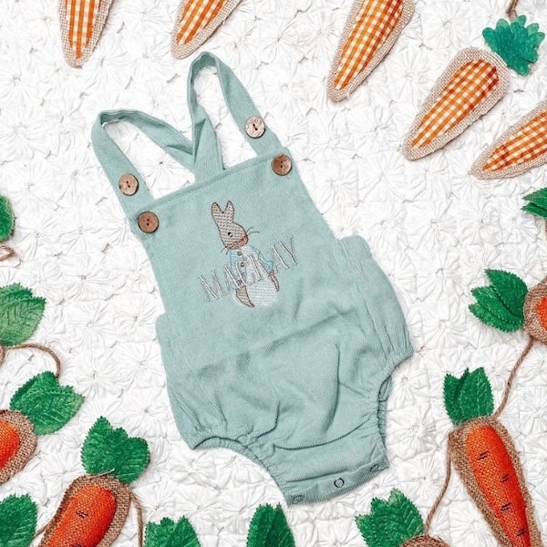 Baby Easter Outfit for Boys or Girls Unisex Suspender Romper Corduroy Overalls with bunny rabbit and personalized name embroidered