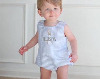 Boys Easter Bunny Rabbit Seersucker Bubble Romper for babies and toddlers with monogram or personalized name