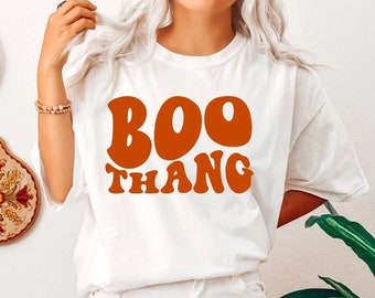 Womens Halloween Shirt - Boo Thang - White short sleeve shirt with burnt orange retro vintage groovy boho font