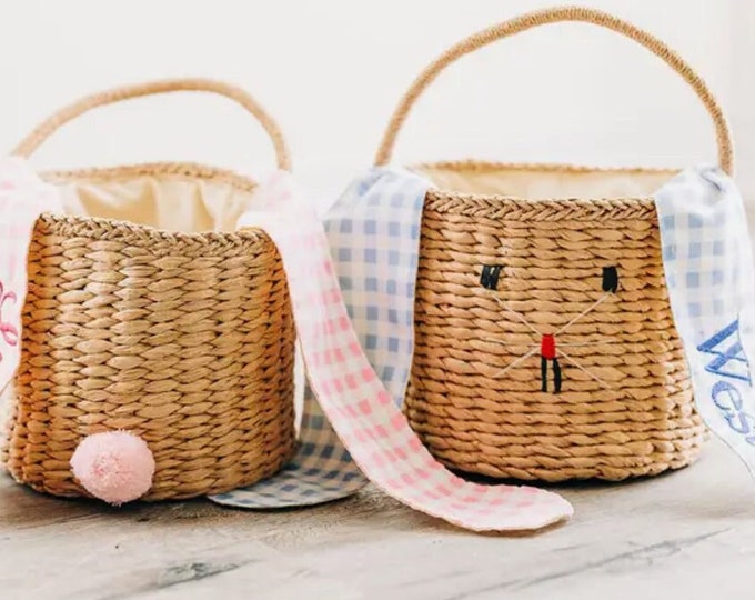 Personalized Woven Easter Basket for Boys or Girls with Gingham Bunny Easter and Embroidered Name and bunny rabbit tail