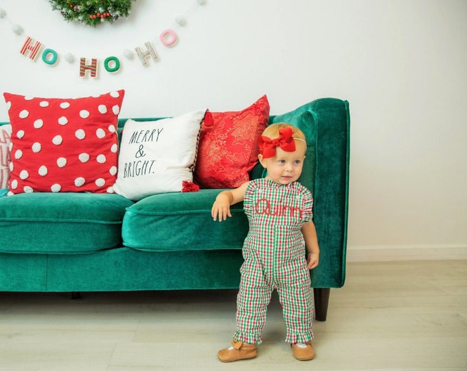 Girls Christmas Outfit - Ruffle Overalls in checkered red white green or solid red with Embroidered Monogram or Name