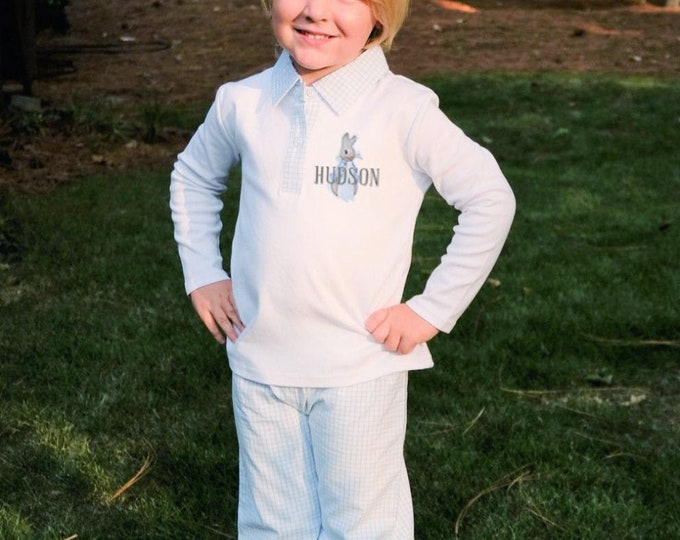 Boys Easter Outfit with embroidered Easter Bunny Rabbit and personalized name with long sleeve collared top and gingham pants