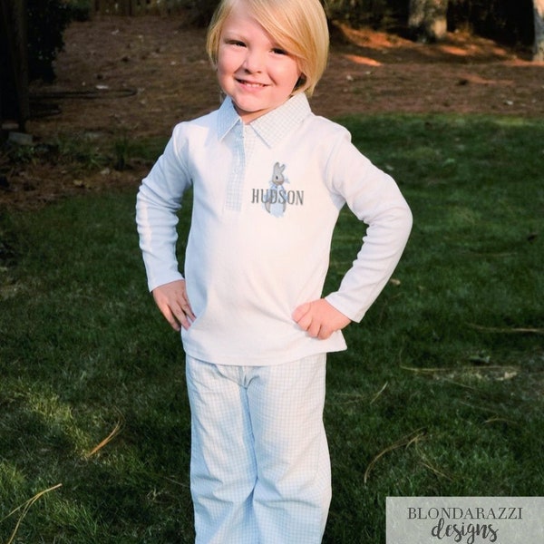Boys Easter Outfit with embroidered Easter Bunny Rabbit and personalized name with long sleeve collared top and gingham pants