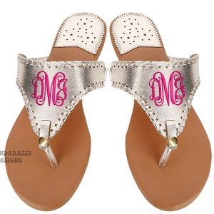 Gold Monogram flip flop sandals with custom initial embroidery and option for extra interchangeable top