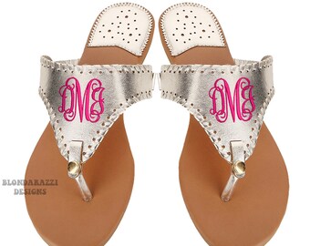 Gold Monogram flip flop sandals with custom initial embroidery and option for extra interchangeable top