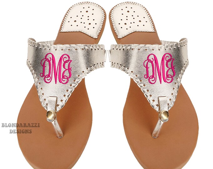 Gold Monogram flip flop sandals with custom initial embroidery and option for extra interchangeable top