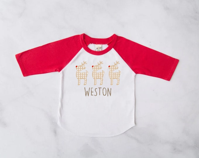 Personalized Christmas Raglan Shirt for Boys or Girls with Plaid Gingham Rudolph Reindeer and name printed underneath