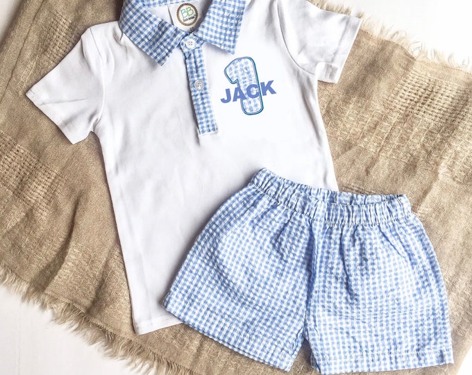 Boys Birthday Outfit with shorts and short sleeve shirt blue gingham fabric applique embroidered personalized name - 1st first one 2 second