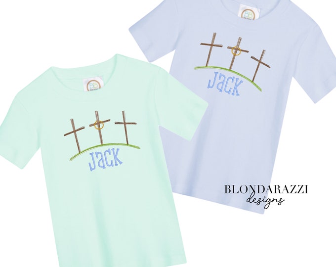 Boys Easter T Shirt with embroidered crosses and personalized name for christian faith based design