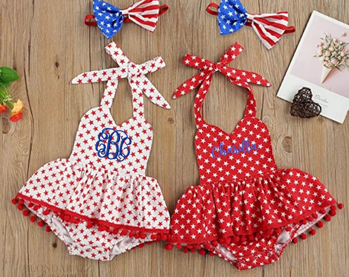 4th of July Baby Girl Outfit with embroidered name or monogram initials and cute matching headband
