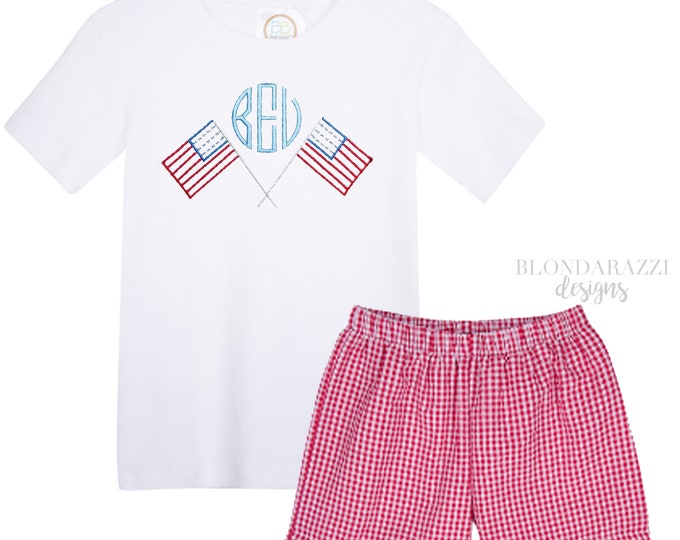 Boys 4th of July Shirt and Shorts set with embroidered personalized monogram and american flag design