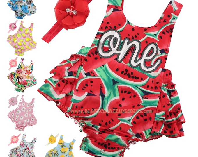 Baby Girls 1st Birthday Ruffle Romper Outfit & matching headband with embroidered one on the front watermelon fruit lemon pink daisy floral