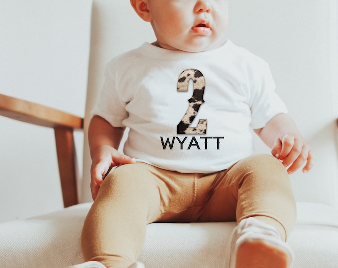 2nd Birthday Shirt  with Personalized name cowhide pattern country western cow print number 2