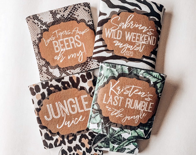 Jungle Animal And Leaf Print Can Coolers for Bachelorette or Birthday Party