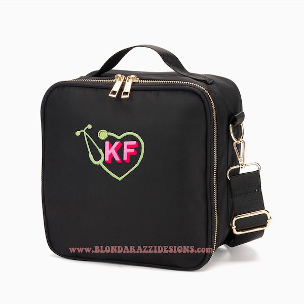 Monogrammed Lunch box Embroidered initials and stethoscope- For Women Ladies Teens pink mint navy black available