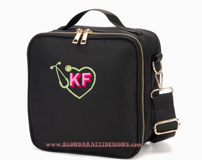 Monogrammed Lunch box Embroidered initials and stethoscope- For Women Ladies Teens pink mint navy black available