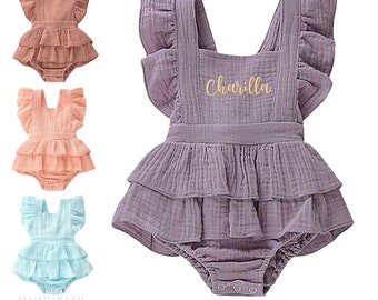 Personalized Baby Girl Ruffle Romper Outfit with embroidered name - infant sizes in boho pastels