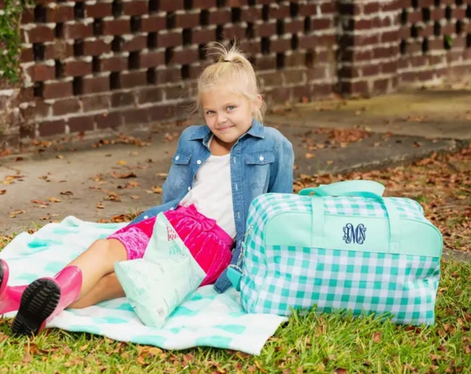 Girls Travel Bag with Personalized Monogram or Name - Gingham Check Pattern Weekend Duffle Bag