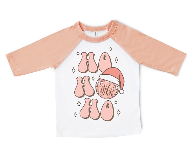Monogram Christmas Shirt for Girls and Women- Groovy Hippie Ho Ho Ho Raglan Baseball Tee in peach white and brown - retro boho style