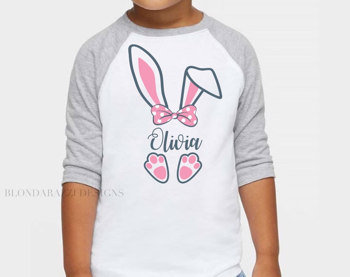 Girls Personalized Easter Bunny Shirt in raglan style or short sleeve crew neck