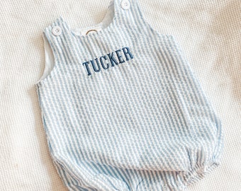 Baby boys seersucker bubble romper with embroidered name or monogram white and blue additional colors available