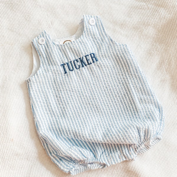Baby boys seersucker bubble romper with embroidered name or monogram white and blue additional colors available
