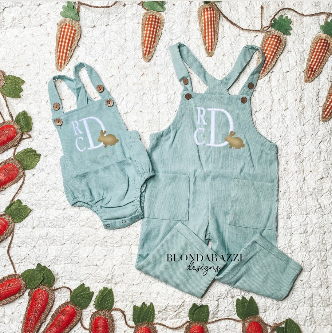 Boys Easter Overalls Outfits With Personalized Stacked Monogram