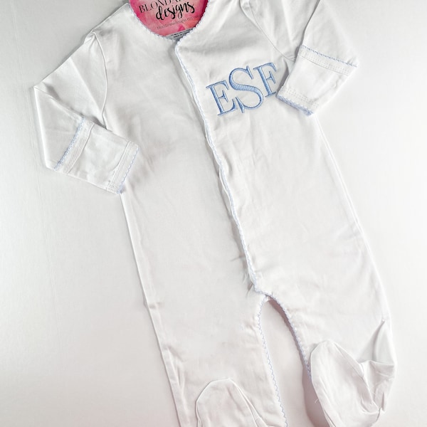 Blue and White Monogrammed Baby Boy Outfit with Footie Romper and matching hat with picot trim & embroidered initials and personalized name