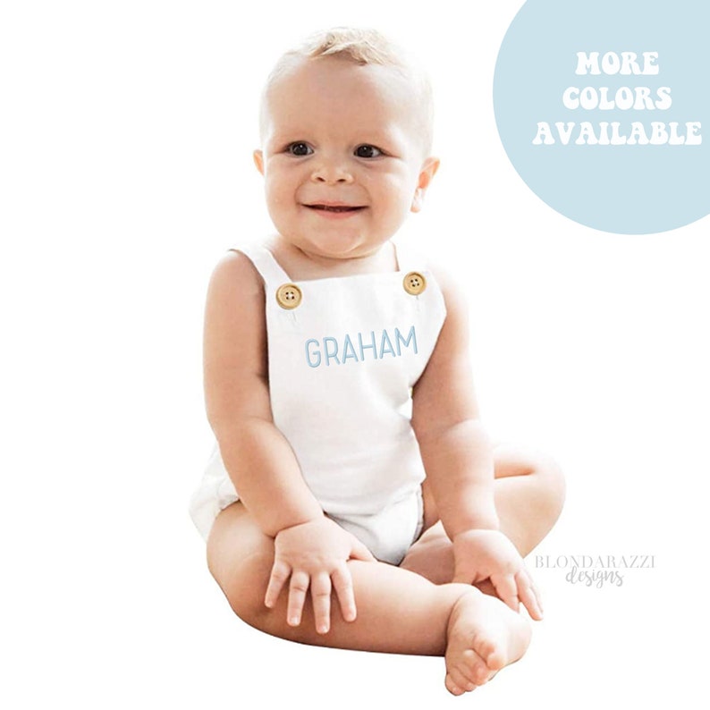 Unisex Baby boy or Infant Girls suspender romper outfit with personalized embroidered name 