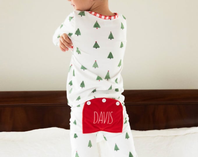 Matching Family Christmas PJs - Classic Christmas Trees Print with personalized embroidered buttflap for Boys and Girls