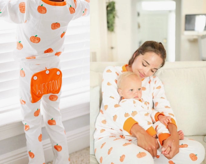 Pumpkin Pajamas with personalized embroidered Butt Flap for Fall Halloween - infant babies toddler youth adult sizes with or without ruffles