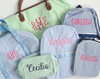 Seersucker Bags - Weekender tote, duffle bag, lunch box, full size and toddler backpack, or everything bag - personalized embroidered name