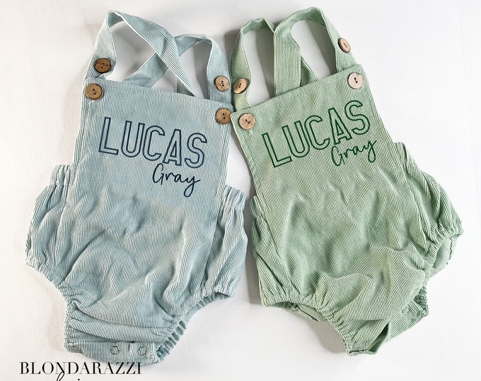 Cute Baby Outfit for boy or girl overalls suspenders lightweight corduroy sun bubble romper with embroidered personalized first middle names