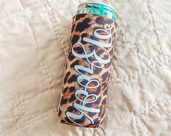 Leopard print can cooler with personalized custom name on it - skinny slim can cozie