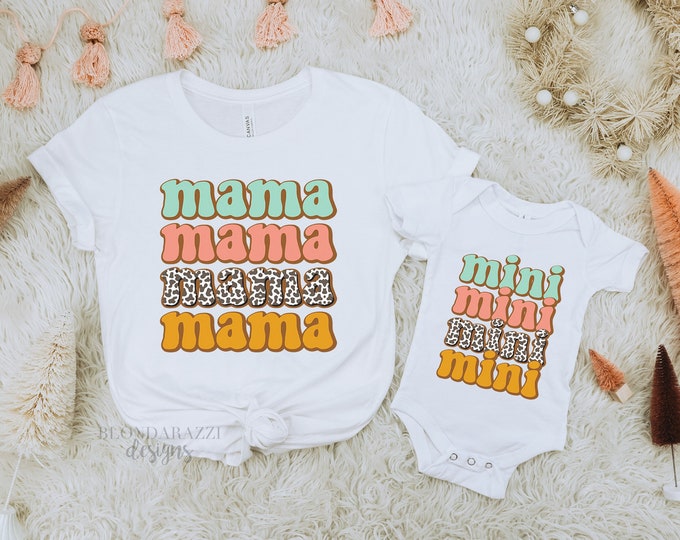 Mama and Mini Shirts with Spring Pastel Colors Retro Boho Font and Western Cowhide Print