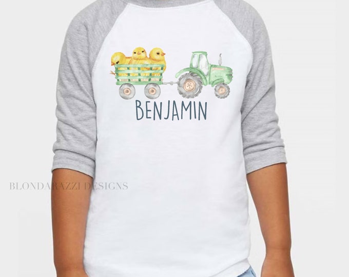 Easter Shirt for Boys with graphic of Tractor hauling Chicks and personalized name printed