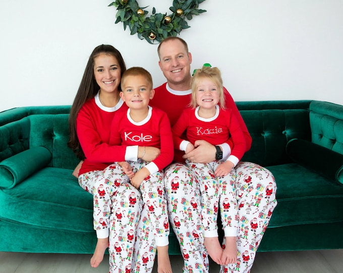 Matching Personalized Christmas Pajamas for Babies Toddlers Youth and Adults - Shirt and Pants Santa and Friends - red and white