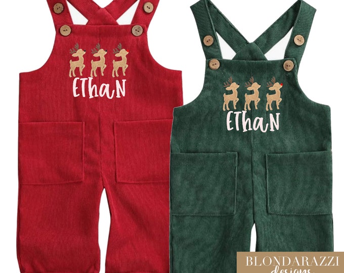 Christmas Reindeer Toddler Outfit for boys overalls Jumpsuit lightweight corduroy tallall with personalized name embroidered