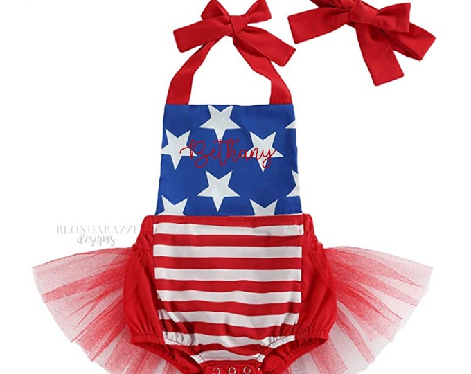 Sassy Baby Girls American Baby Girls Outfit stars and stripes romper with matching headband and embroidered personalized name