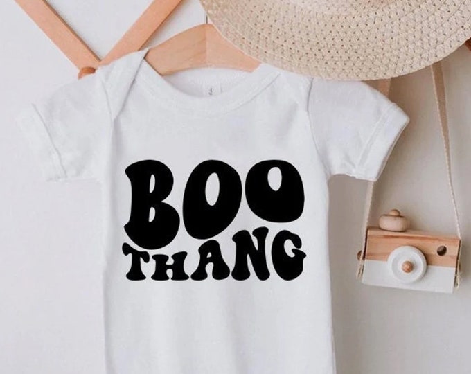 Halloween Shirt for Baby Toddler Youth Little Boy or Girl - Boo Thang - funky groovy retro boho font