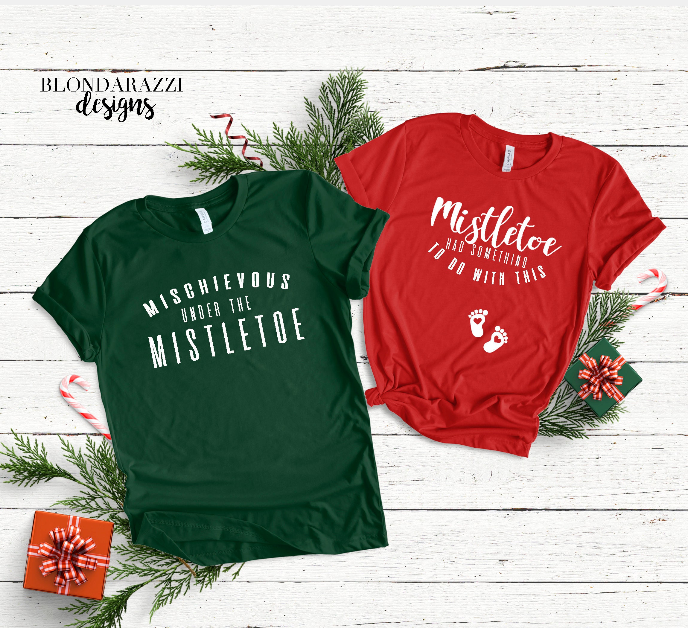 Christmas Pregnancy Announcement Shirts - Mistletoe theme for mom and dad