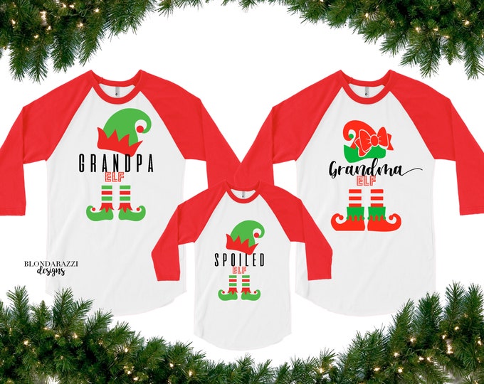 Grandma Grandpa Grandparent Elf Matching Family Christmas Shirts Raglan Style