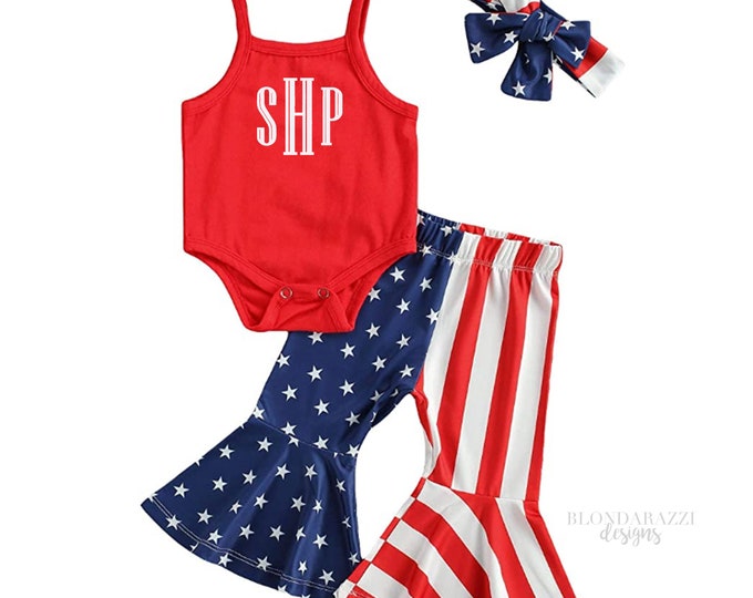 Adorable Baby Girls American Flag 4th of July Outfit with tank top romper flare bell bottom pants and matching headband with monogram