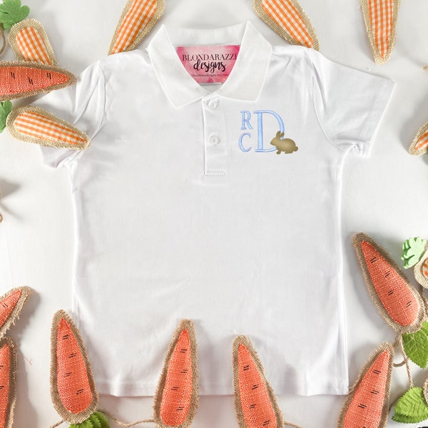 Boys Easter Polo Shirt with embroidered monogram initials stacked font with and bunny rabbit on the side - blue & white shirts available