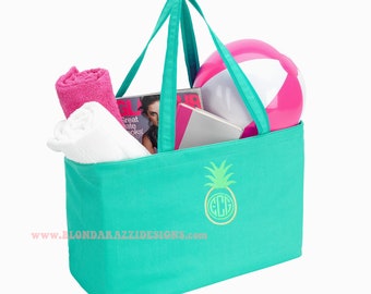 Monogrammed Pineapple Large Ultimate Utility Tote Bag & 6 pockets inner zipper Bright Colors Beach Pool Summer Tote